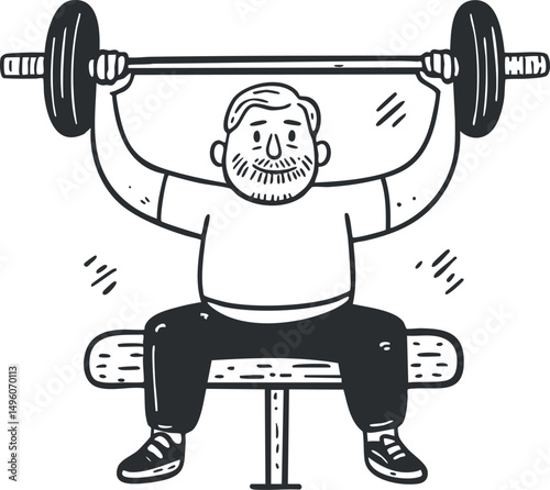Black and white illustration of a man lifting a barbell while sitting on a bench for strength training