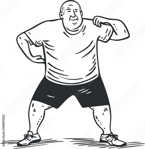 Illustration of a man stretching and exercising in casual sportswear, promoting fitness and health