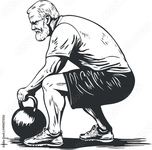 Illustration of a senior man performing a kettlebell workout exercise for strength and fitness