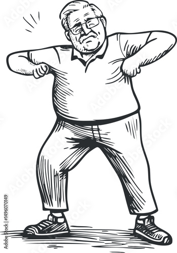 Black and white illustration of an angry elderly man showing frustration with clenched fists and frowning face.