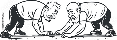 Two elderly men in casual wear exercising and stretching together outdoors for fitness and health