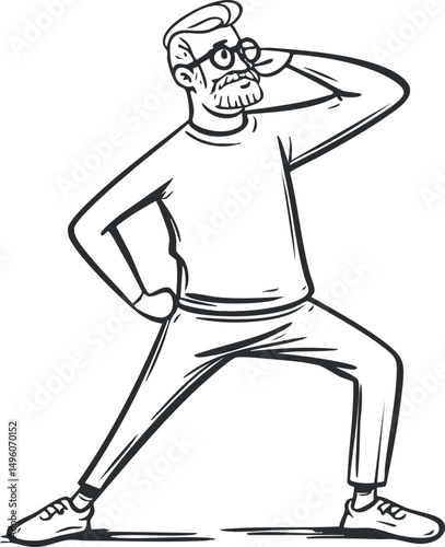 Black and white line drawing of a confident man posing with one hand on hip and the other behind head showing casual style and attitude