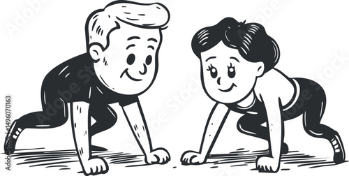 Cartoon illustration of a man and woman in a workout pose preparing to exercise or stretch together