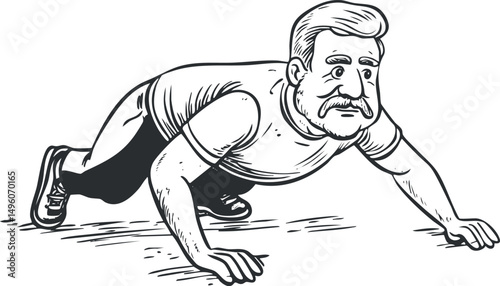 Black and white illustration of a man doing pushups as part of a fitness workout to build strength and endurance