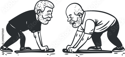 Two elderly men performing stretching exercises in a fitness or wellness routine outdoors.