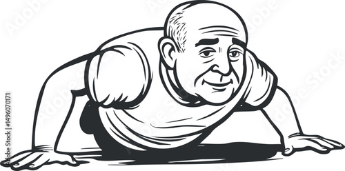 Black and white illustration of an elderly man doing pushups as part of a fitness exercise routine