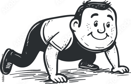 Black and white cartoon illustration of a smiling man crawling on hands and knees in casual clothing.