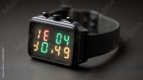 Futuristic black digital wrist watch showcasing time with vibrant colored led display