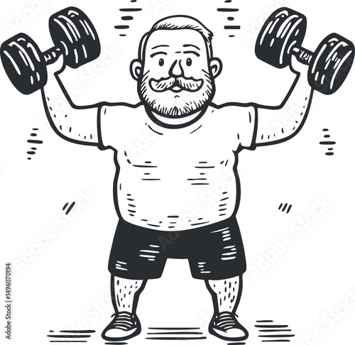 Cartoon illustration of a man lifting dumbbells exercising strength and fitness training