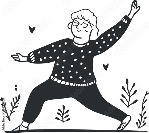 Cartoon illustration of a woman doing a yoga stretch outdoors surrounded by plants and hearts