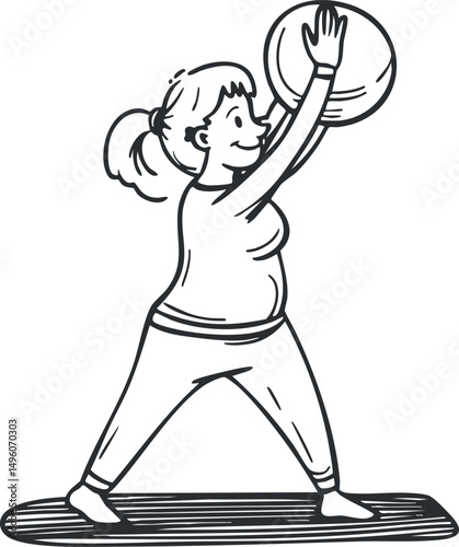 Black and white line drawing of a woman exercising with a fitness ball in an active stretch pose