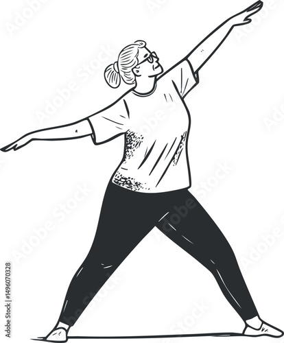 Black and white illustration of a woman wearing glasses in a stretching or yoga pose with arms extended