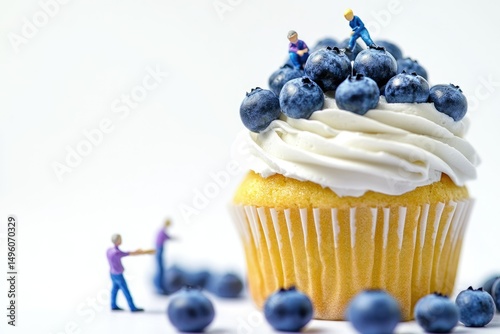 Miniature people decorate a delicious blueberry cupcake with fluffy white frosting.