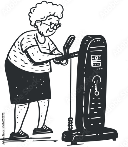 Black and white illustration of an elderly woman exercising on a fitness machine for health and wellness