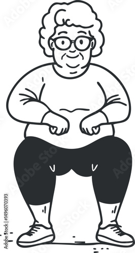 Illustration of a senior woman wearing glasses doing a squat exercise for fitness and health