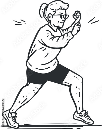 Illustration of a senior woman wearing glasses stretching and exercising in casual sportswear.