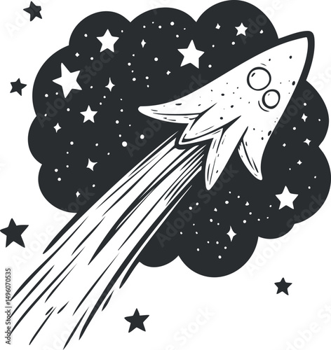 Black and white cartoon rocket launching through starry space with trail and cosmic background