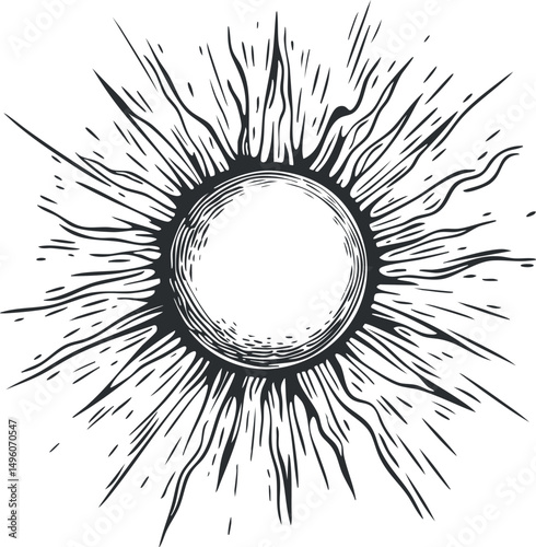 Black and white illustration of a radiant sun with dynamic sunburst rays and a circular center