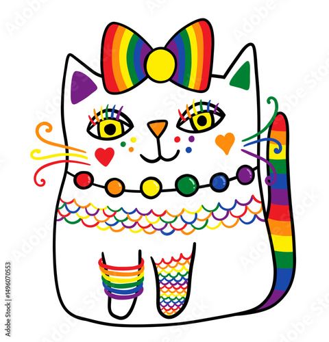 LGBT pride flag colors hand drawn vector cat, Cute, colorful cartoon animal illustration