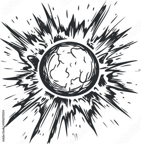 Black and white vector illustration of an explosion with dynamic energy and impact effects