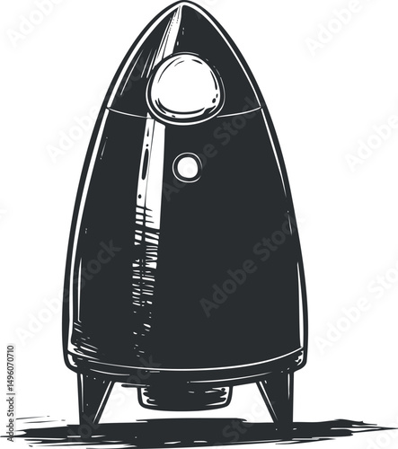 Black and white sketch of a retro rocket ship standing upright, ready for launch.