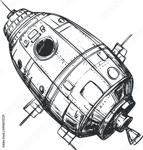 Detailed black and white line art illustration of a space capsule spacecraft used for space exploration and missions