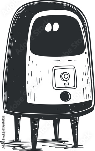 Black and white illustration of a cartoon robot with camera-like sensor and four legs