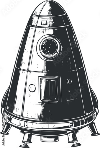 Black and white detailed illustration of a rocket spacecraft designed for space exploration and launch missions