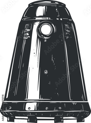 Black and white retro robot illustration with a cylindrical body and round eye design