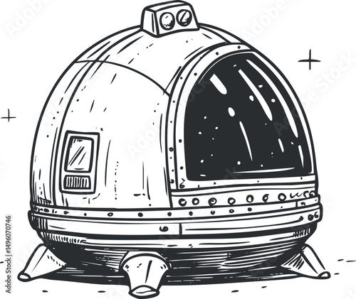 Black and white sketch of a round spaceship or space capsule with a large window and landing legs