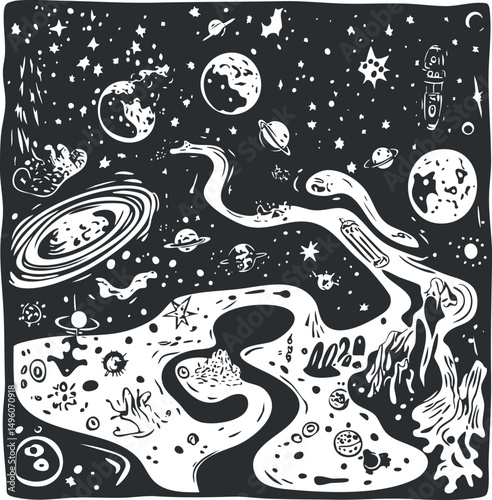Abstract black and white illustration of outer space with planets, stars, asteroids, and cosmic elements