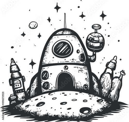 Black and white illustration of a rocket spacecraft on the moon surface with stars and planets in space