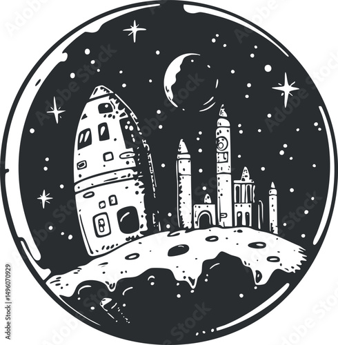 Black and white illustration of a futuristic moon colony with a rocket and buildings under a starry sky and crescent planet.
