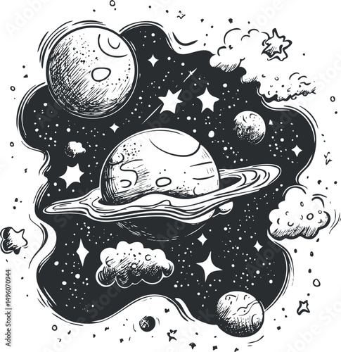 Black and white hand-drawn illustration of planets with rings, stars, clouds, and asteroids in outer space