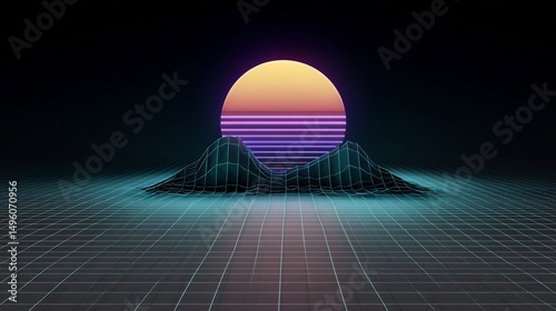 Retro Synthwave Landscape: A Digital Sunset Over Wireframe Mountains