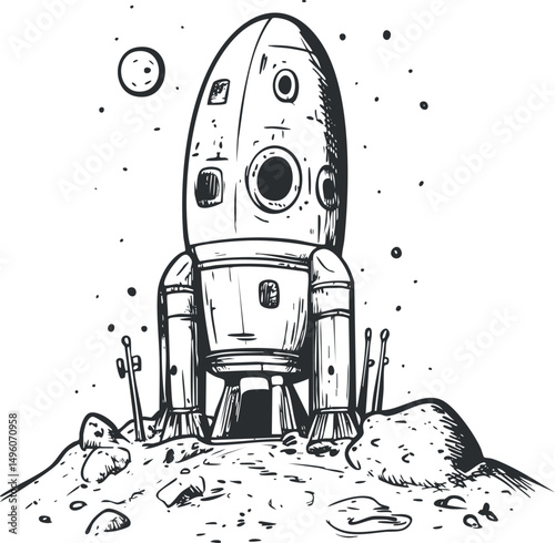 Black and white sketch of a rocket standing on the moon's surface with stars and craters in space.