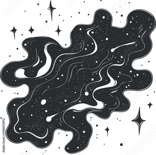 Abstract black and white illustration of a cosmic galaxy with stars and swirling nebula shapes
