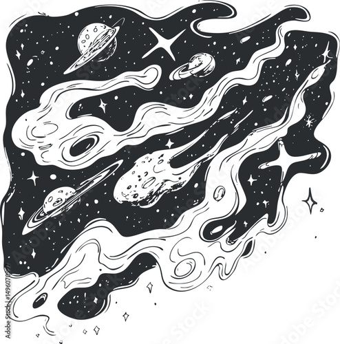 Black and white illustration of outer space with comets, planets, stars, and asteroids in the cosmos