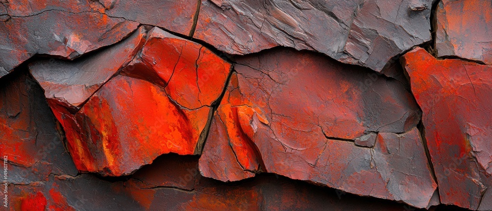 Naklejka premium A close-up view of a rough, textured surface with a mix of dark gray and red hues.