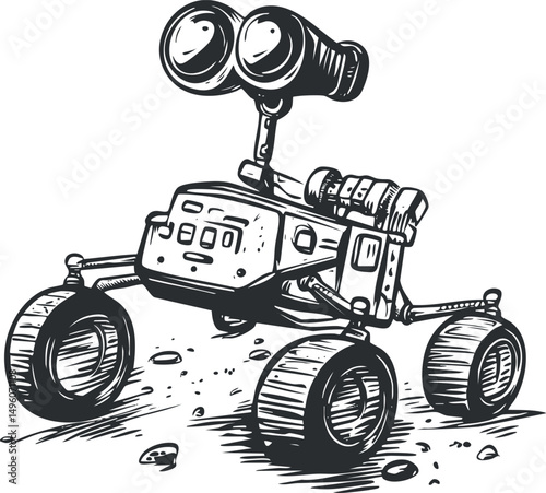 Black and white sketch of a robotic rover designed for space exploration on rocky terrain