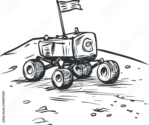 Black and white sketch of a lunar rover vehicle with a flag driving on the moon surface