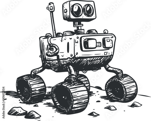 Black and white cartoon illustration of a space rover robot exploring rocky terrain with large wheels.