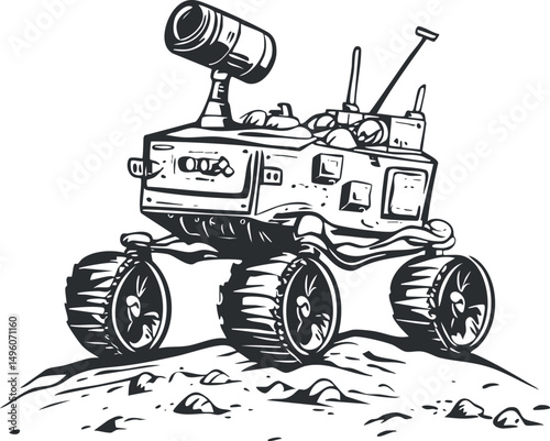 Illustration of a Mars rover exploring rocky terrain on a distant planet surface with scientific instruments.