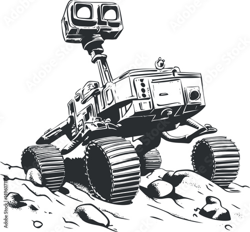 Black and white illustration of a space exploration rover with large wheels on rocky terrain.