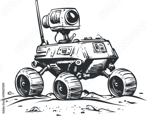 Black and white illustration of a space rover with camera and wheels exploring rocky terrain.