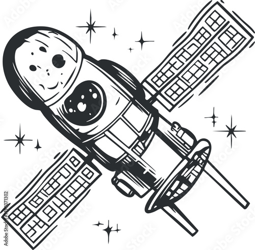Black and white illustration of a satellite with solar panels orbiting in space with stars around it