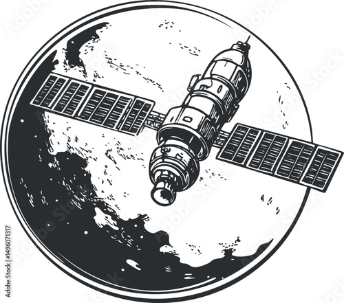 Black and white illustration of a satellite orbiting Earth with solar panels extended for communication and data transmission.