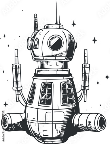 Black and white illustration of a futuristic satellite or space station with antennas in outer space