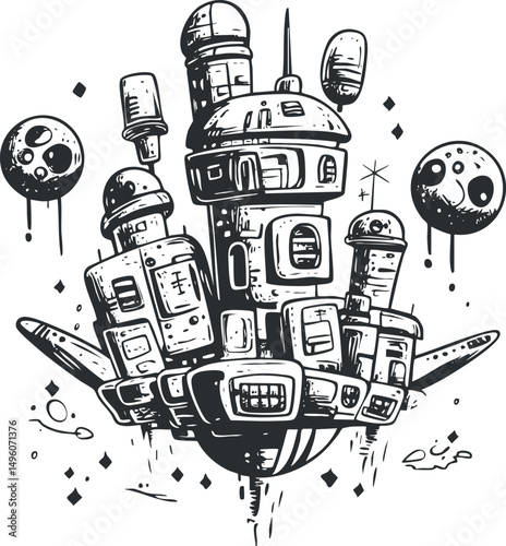 Black and white illustration of a futuristic space station or spaceship floating in outer space with surrounding planets and stars