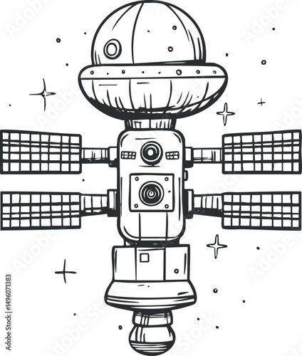 Black and white hand-drawn illustration of a satellite with solar panels orbiting in space